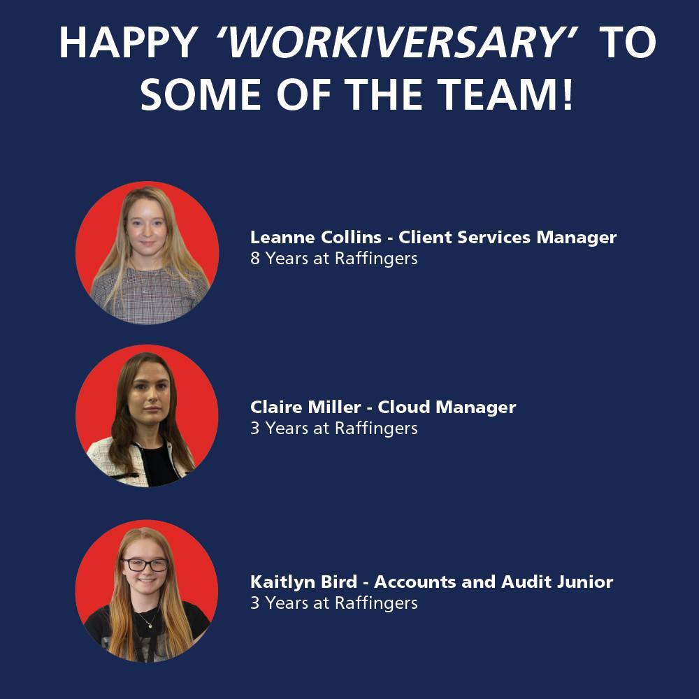 happy work anniversary 'workiversary' for leanne collins, claire miller and kaitlyn bird raffingers instagram
